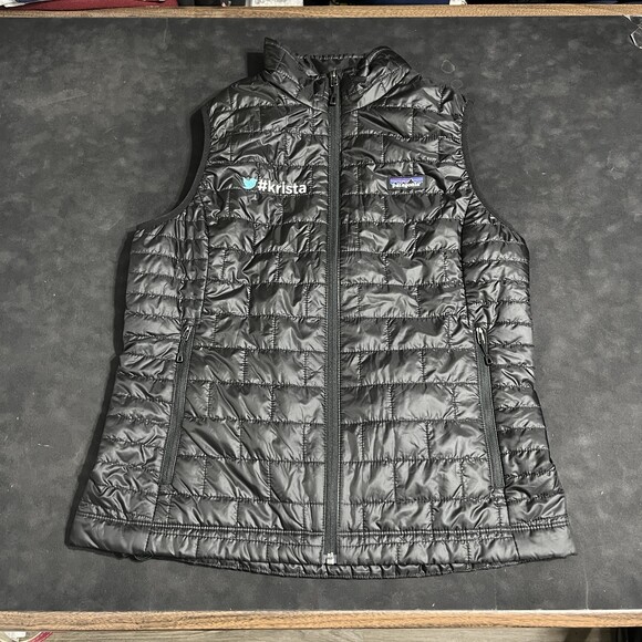 Patagonia Nano Puff Vest Women Size Large Twitter Logo Black Quilted Jacket VTG